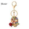 Gothic Skull Keychain Holding Rose Rhinestone for Halloween, Skeleton Bling Head Key Ring, Chain Accessory Handbags Backpacks