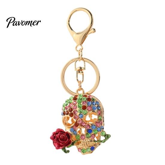 Gothic Skull Keychain Holding Rose Rhinestone for Halloween, Skeleton Bling Head Key Ring, Chain Accessory Handbags Backpacks