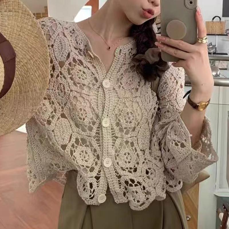 Elegant Long Sleeve Lace Hollow Women Blouse New Cotton Cardigan Female Shirt Ladies Spring and Summer O Neck Casual Versatile Cardigan Female Clothes
