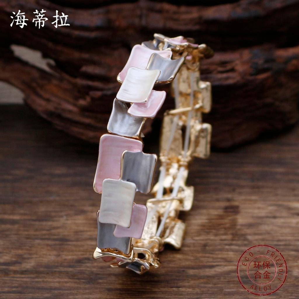 Luxury Enamel Color Geometric Square Splicing Elastic Bracelet Women Exaggerated Personality Irregular Square Bracelet