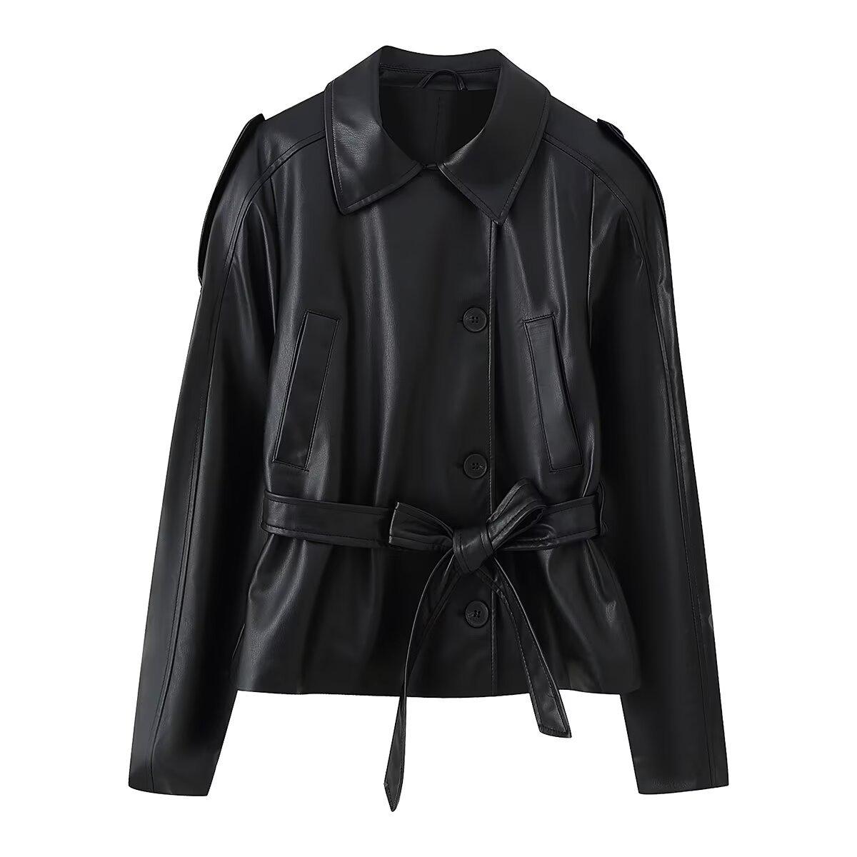 

Women s Faux Leather Short Windbreaker with Belt - Versatile Lapel, Single-breasted Autumn Style. Small чёрный