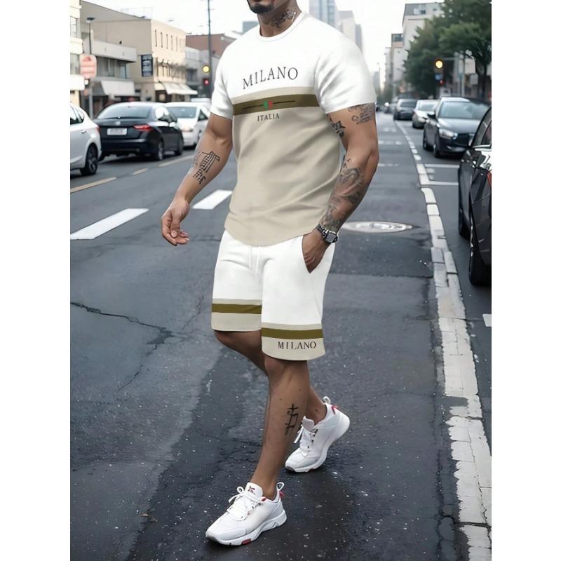 Summer Men's Stripe Letter Print Short Sleeve Top Shorts 2 Pieces Set Oversized Loose Round Neck T-shirt Man Drawstring Shorts