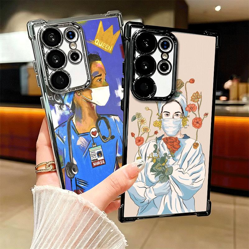 Doctor Nurse Cartoon Plating Phone Case For Samsung Galaxy S24 S25 FE S26 Edge S23 Ultra S22 S21 Plus S20 Anti-Fall Airabag Cove