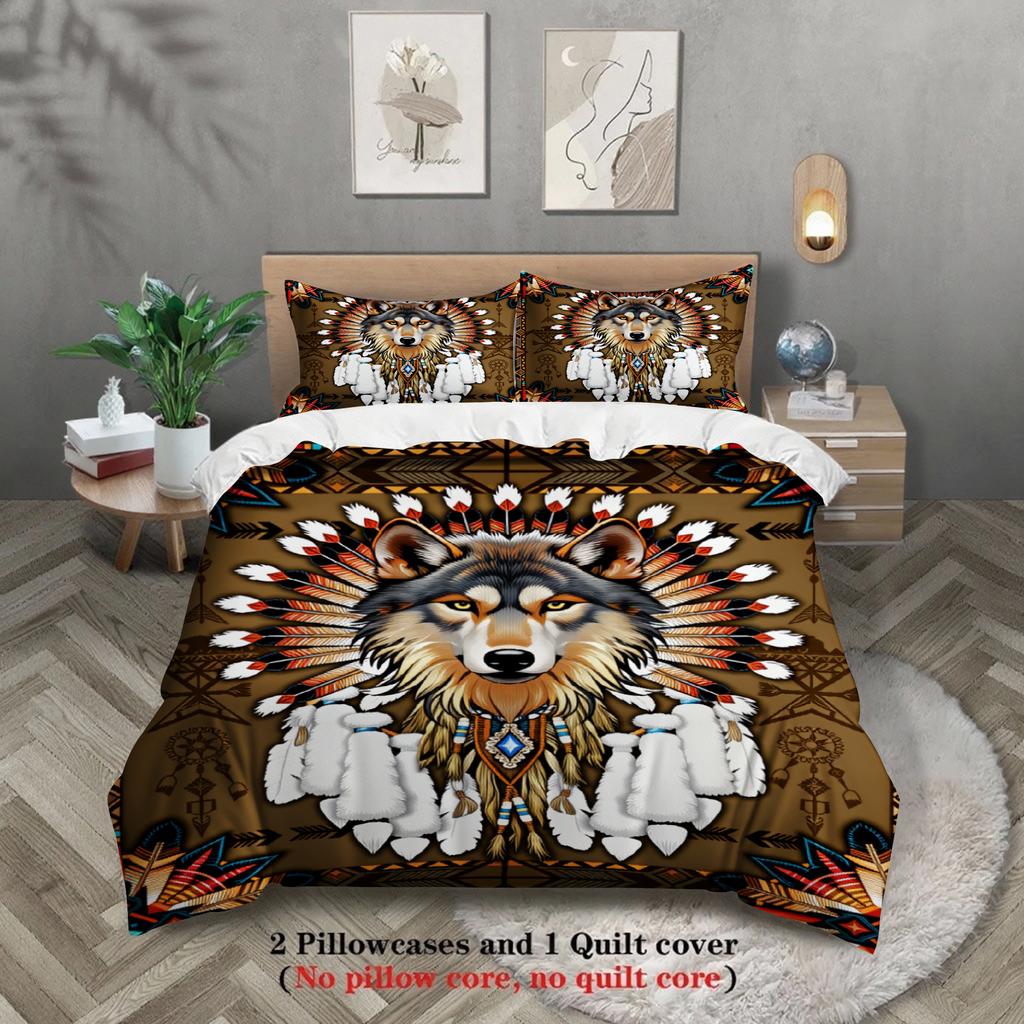 3pcs Brown Wolf Bedding Sets Comforter Not Included 3D Printed Dream Catcher Gifts For Teen Boys Bedroom Soft Duvet Cover