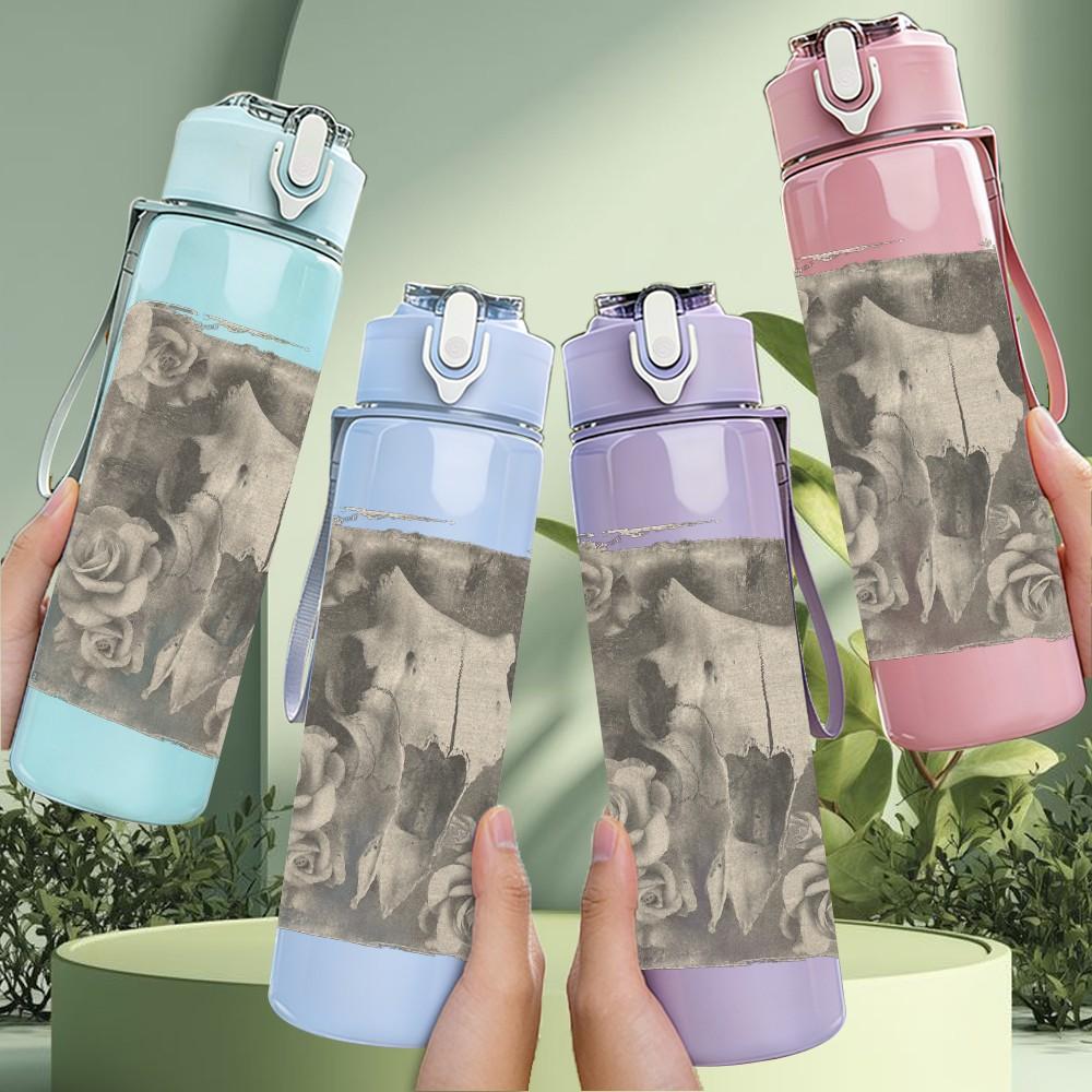1PC Faded building monochrome sketch print 750ml colorful plastic sports water bottle leakproof pop up lid with straw for outdoor work home use