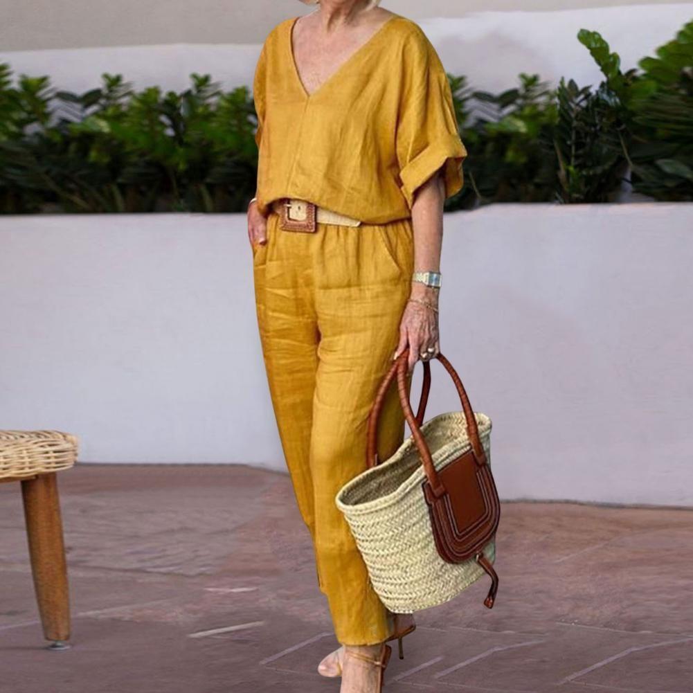 

Women s Fashion Casual Summer Multi-Color V-Neck Loose Cotton And Linen Suit New In Matching Sets For Women 2 Pieces XS жовтий