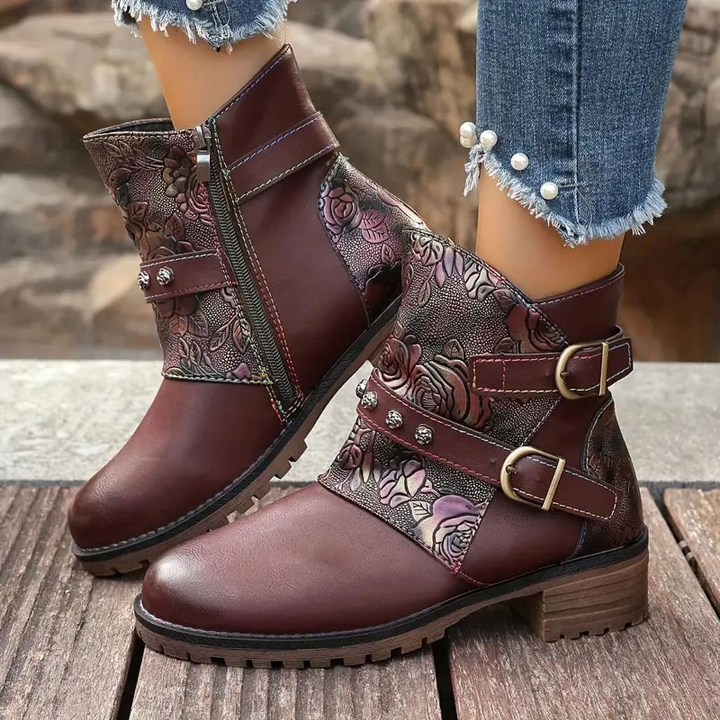 Dames platform enkellaarsjes van patchwork leer, modieus, casual, retro, met wijde schacht, kniehoog, voor dames in grote maten, exotisch.
