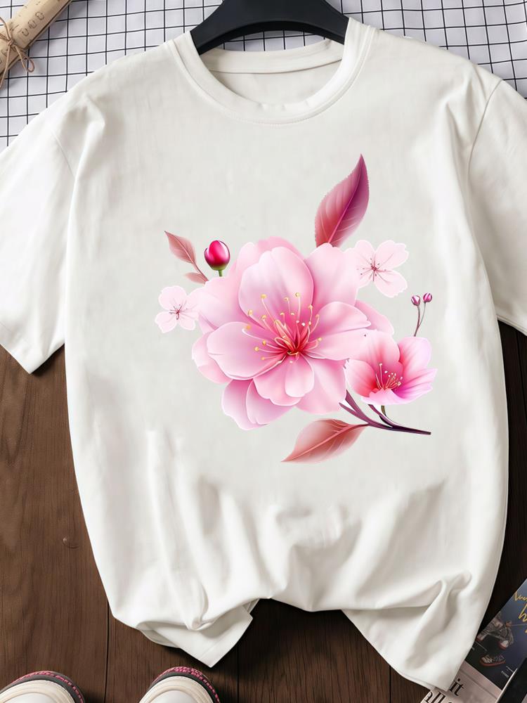 (Asian Size) Trend Sweet Flower 90s Print O-neck Short Sleeve T-shirts Fashion Female Casual Women's Top T Clothing Graphic Tee