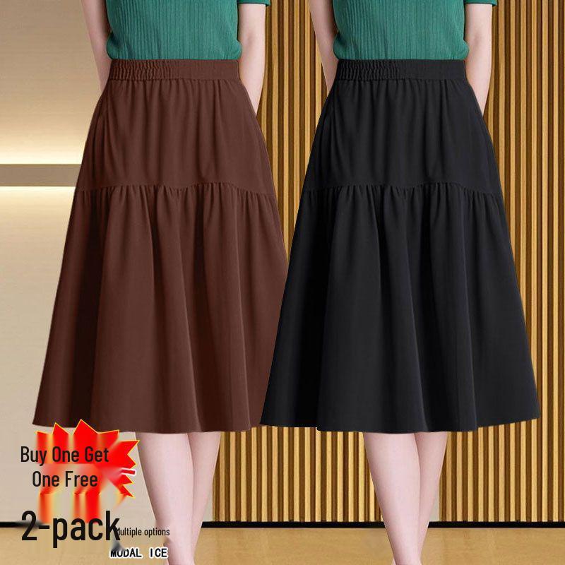 Women's A-Line Elastic Waist Skirt - Three-Quarter Length, Solid Color, Spring/Summer/Autumn Styles Available