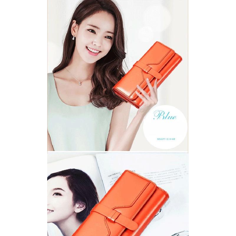 Pure leather three fold women's wallet, long buckle leather, cowhide, multi slot large capacity Korean version women's wallet, leather wallet