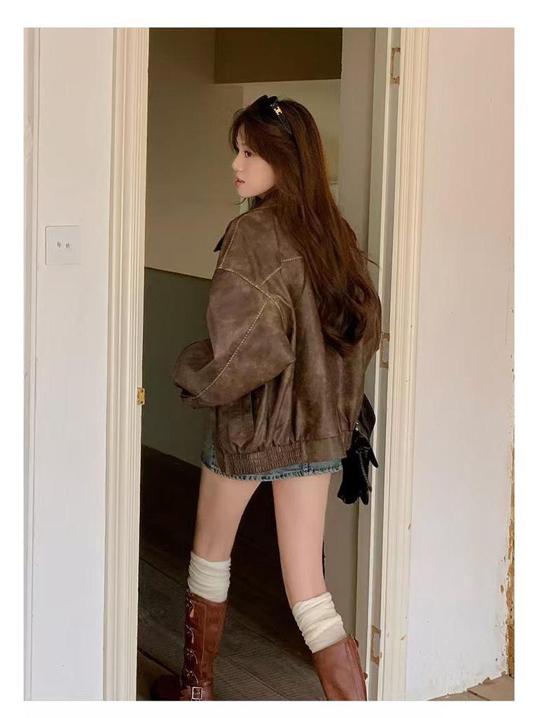 Damen Kleine Braune Lederjacke - 2025 Amerikanischer Retro-Stil mit Gewischtem Farbdesign, Baumwollgefüttert.