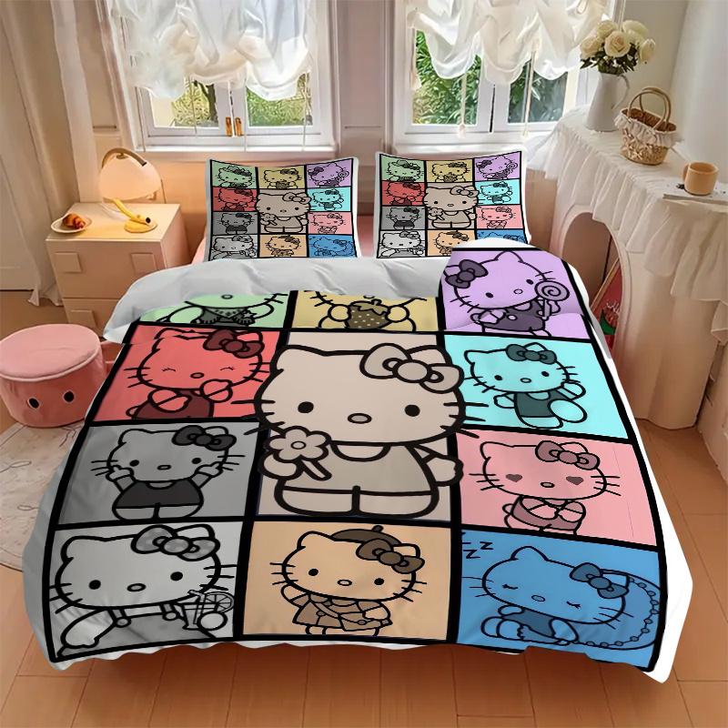 3pcs Multicolor Hello Kitty Bedding Set 1 Soft Quilt Cover + 2 Pillowcases, Machine Washable Suitable for All Seasons, Perfect Gift W062