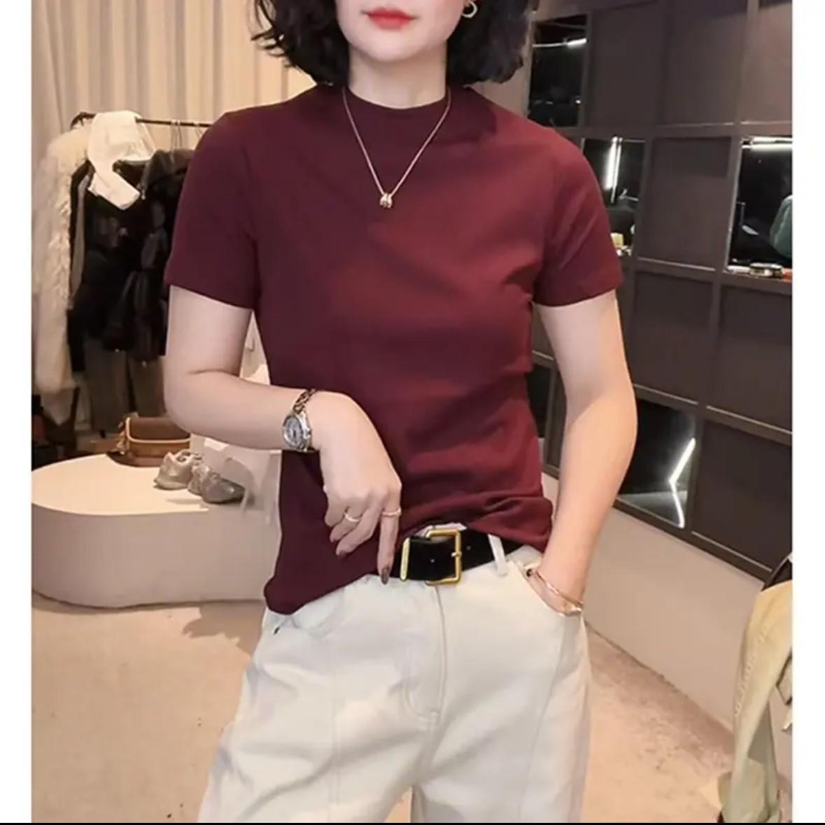 

2026 Spring/Summer Korean Style Slim Fit Women s Base Layer T-Shirt - Short Sleeve, Versatile, and Simple Design 2XL вино красного