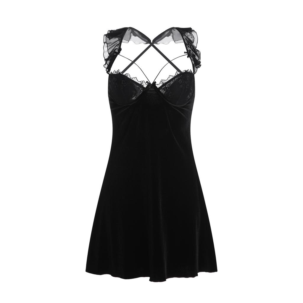 Women's Velvet Push Up Padded Backless Cami Sleep Dress with Robe for Fall Winter