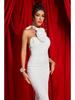 White Ribbon Floral Halter Long Red Evening Dress - European & American Style