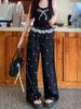 Damen Süß & Würzig Spitze Patchwork Lässige Hose mit Schleife, Elastischer Bund, Weiter Beinschnitt, Gerades Bein Design für den Sommer.