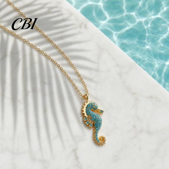 Exquisite Seahorse Jewelry Women Blue Necklace, Rhinestone Pendant Stylish Sea Charming Neck Creature Summer Beach Gift for Her Wife Girlfriend