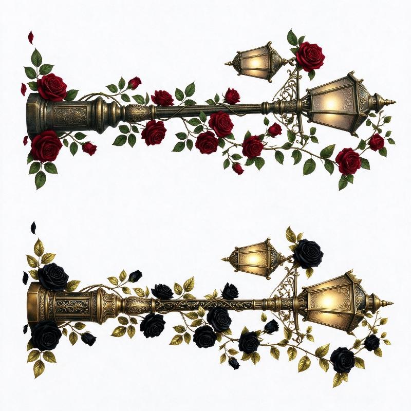 Vintage Street Lamp Wall Decal Red Rose Vine Self Adhesive For Living Room Bedroom Home Wall Decor