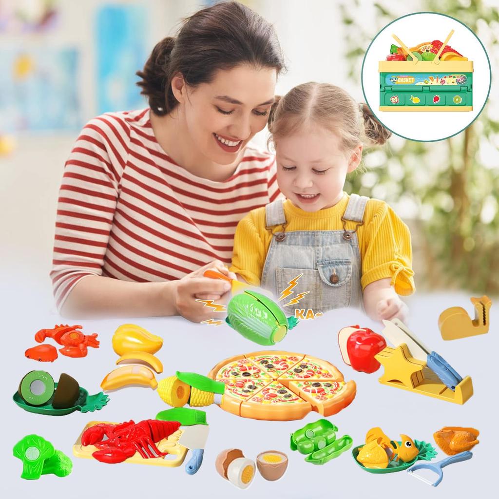 La Gacela Pretend Play Set with Storage Kitchen Pretend Luxury Birthday Kitchen Toy 55-Piece Vegetables, Fruits, Tableware, Seafood, Basket, Toy,