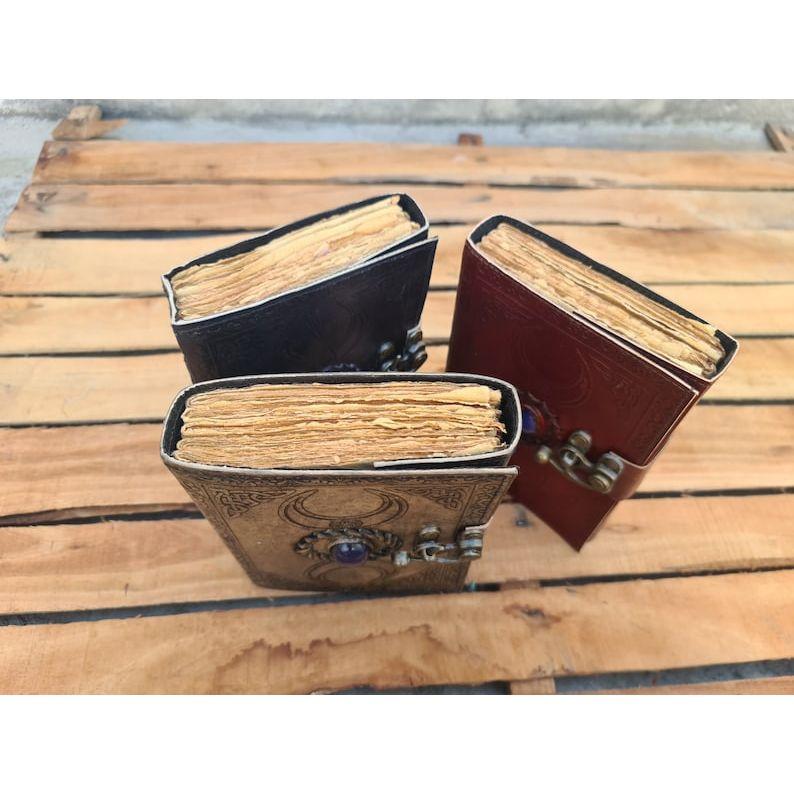 Pack Of 3 book of shadows, Leather Journal, Triple Moon journal, Third Eye Crystal Stone, gift for him, gift for her, Leather Grimoire