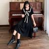 Plus Size Women's Summer Black Doll Collar Dress - French Academy Style with Lace-up Waist