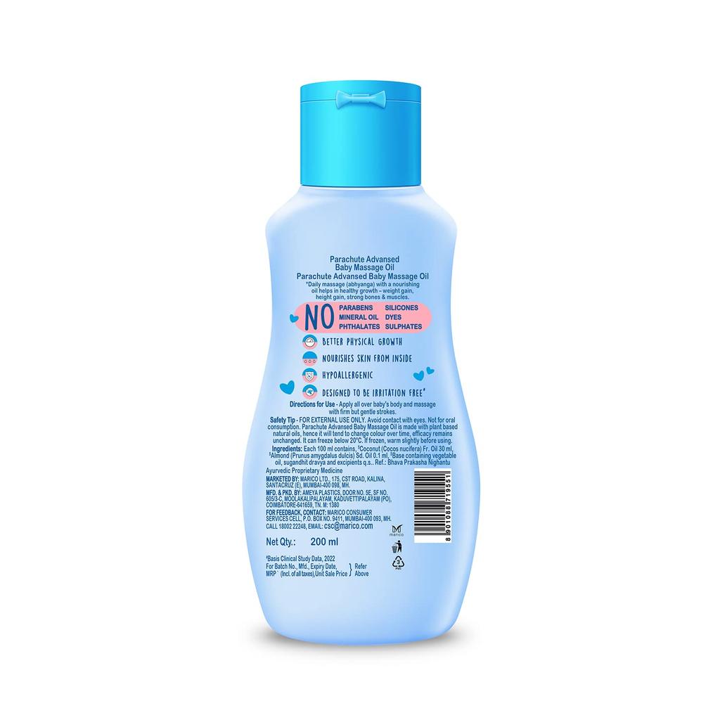 PARACHUTE Huile de Massage pour Bébé 200ml | Huile de Coco Vierge avec Vitamine E & F | Nourriture Profonde | Cliniquement Prouvé pour une Croissance Forte & l'Hydratation