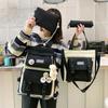 5 Piece Set Canvas School Bags for Teenage Girls Solid Color Women's Student Backpack Rucksack
