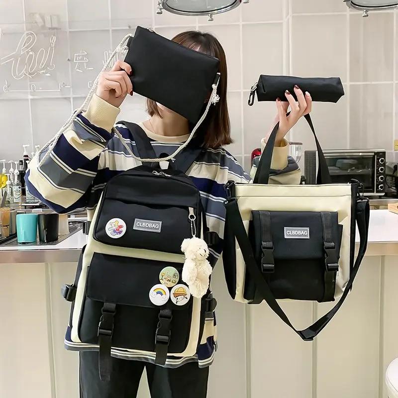 5 Piece Set Canvas School Bags for Teenage Girls Solid Color Women's Student Backpack Rucksack