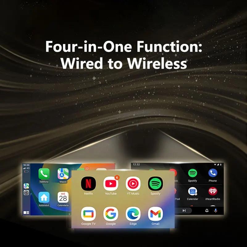 4-in-1 Wireless Android CarPlay Box, Mirror Screen To Car Stereo for IOS/Android Auto, Universal Car Adapter with Android 14 IOS