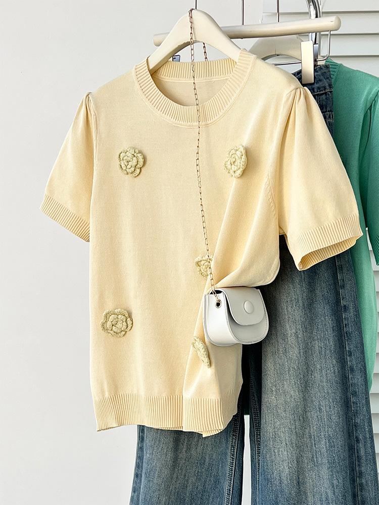 

Plus Size Women s 3D Floral Knit Short-Sleeve Round Neck T-Shirt - Summer 2023 3XL (165-200 jin) жовтий