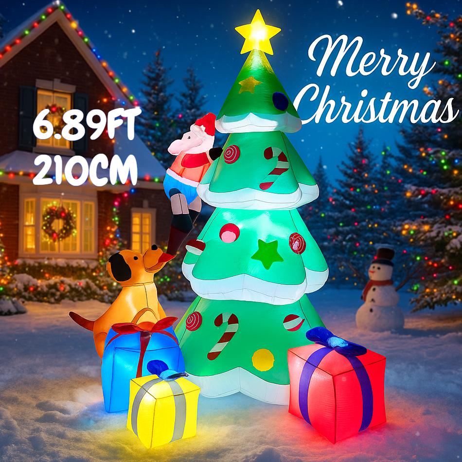 6.89FT Inflatable Toy Christmas Tree Decor Set Santa Claus Dog Gifts Box Xmas Yard Supplies LED Lit Home Ornament Festive Gift