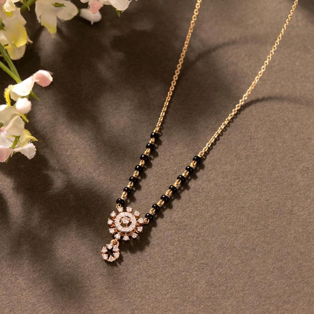 Women's Mangalsutra Fashion Jewelry with Black Beads and Crystal-Embellished Gold-Tone Pendant, Traditional