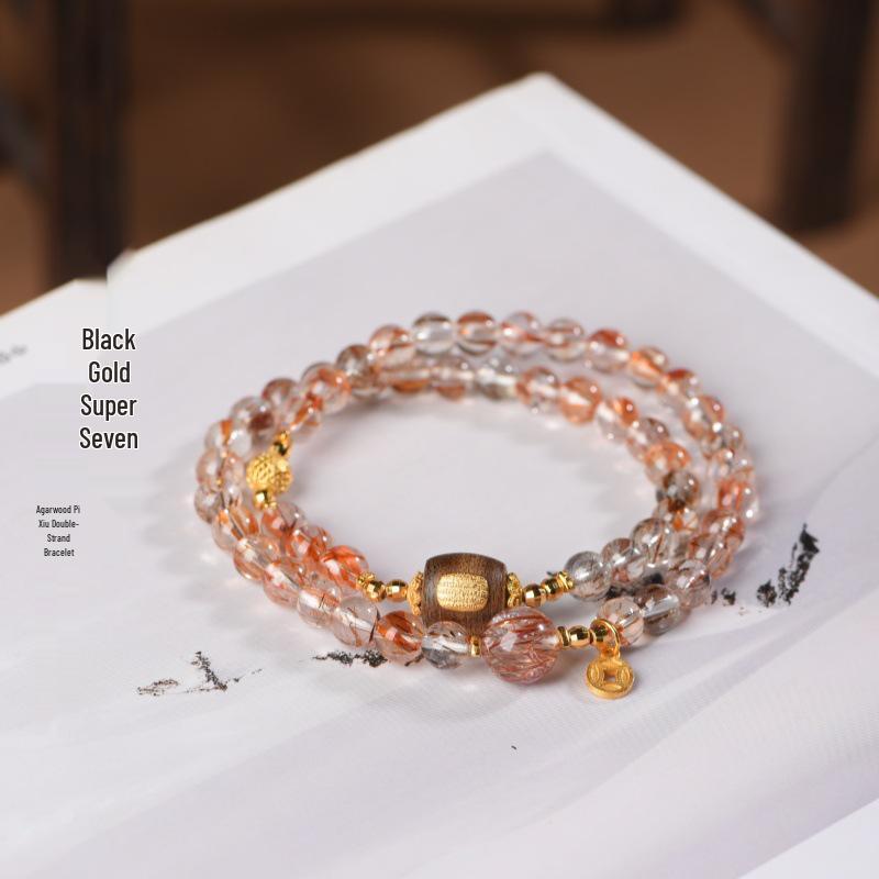 Women's Black Gold Super Seven Crystal Sandalwood Bracelet with Pixiu Charm, Red Rutilated Quartz; Stackable for Wealth & Good Luck.