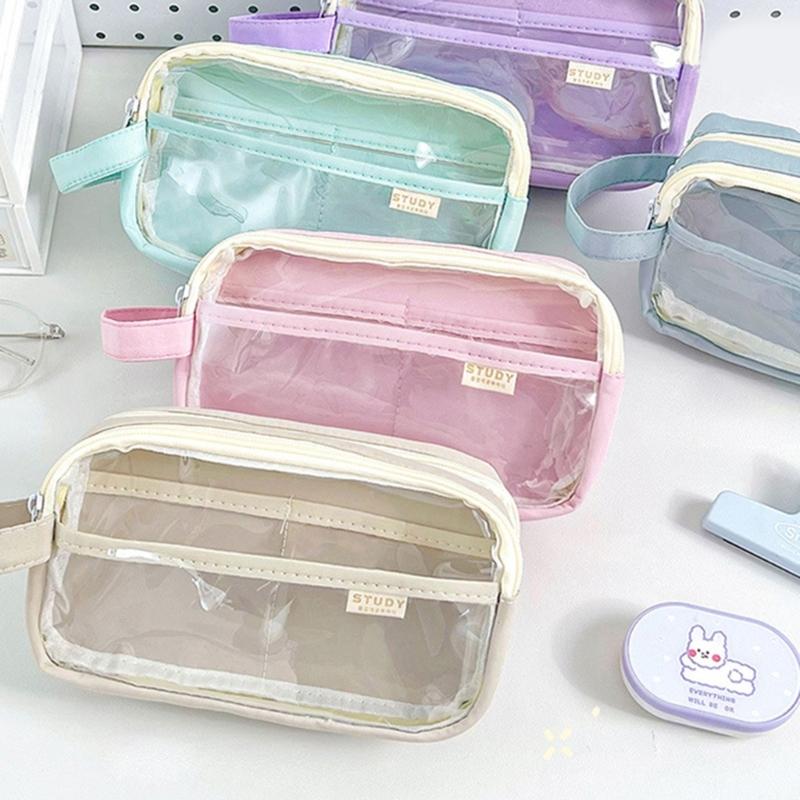 Multifunctionnal Pen Case Large Capacity Clear Pencil Case Two Large Compartment, Travel Stationeries Bag for Student
