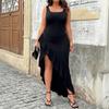 Women Black Square Neck Sleeveless Asymmetrical Ruffle Hem Slit Maxi Dress
