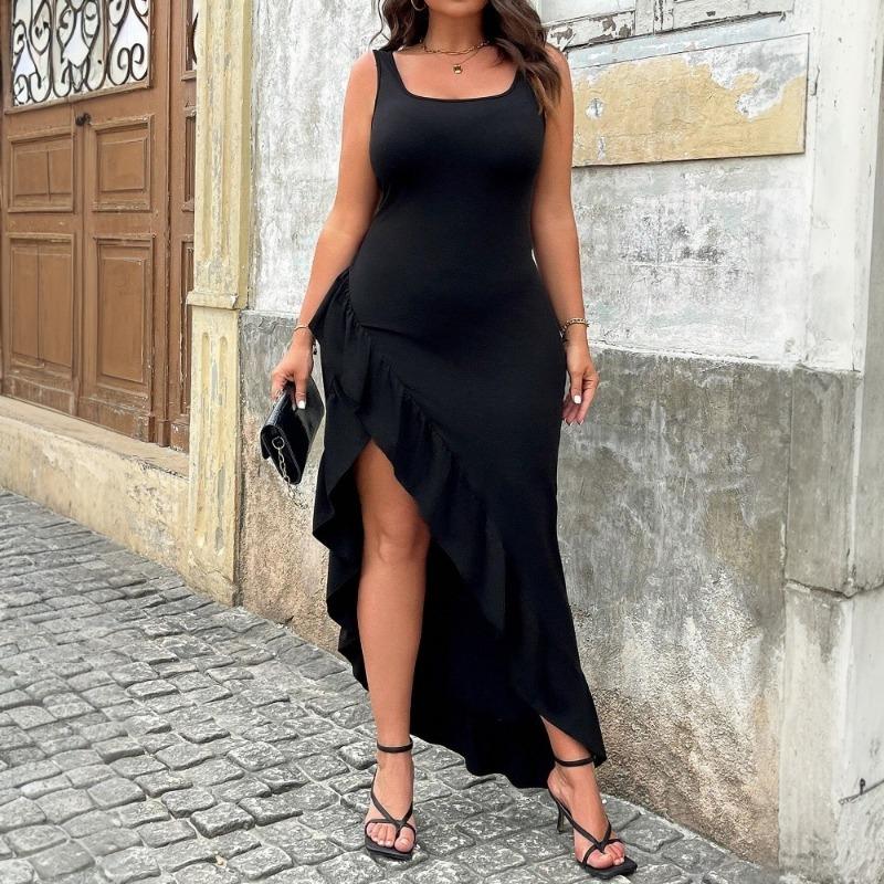 Women Black Square Neck Sleeveless Asymmetrical Ruffle Hem Slit Maxi Dress