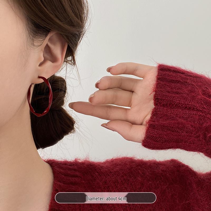 Silbernadel Ankara Rot Geometrisch Große Creolen für Damen - High-End Retro-Stil