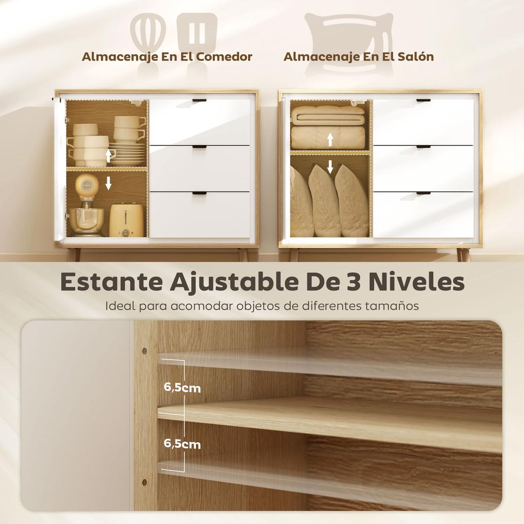 Sideboard, Door, 3 Drawers, Adjustable Shelf, 80 x 35 x 77 cm, White and Oak
