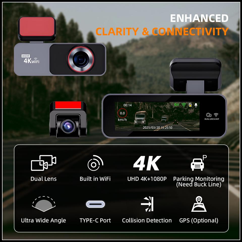 E-ACE 4K Dash Cam Support WiFi GPS Sony IMX678 Night Vision Parking Mode Loop Record 170° Wide Angle Speed Display Mini Car DVR