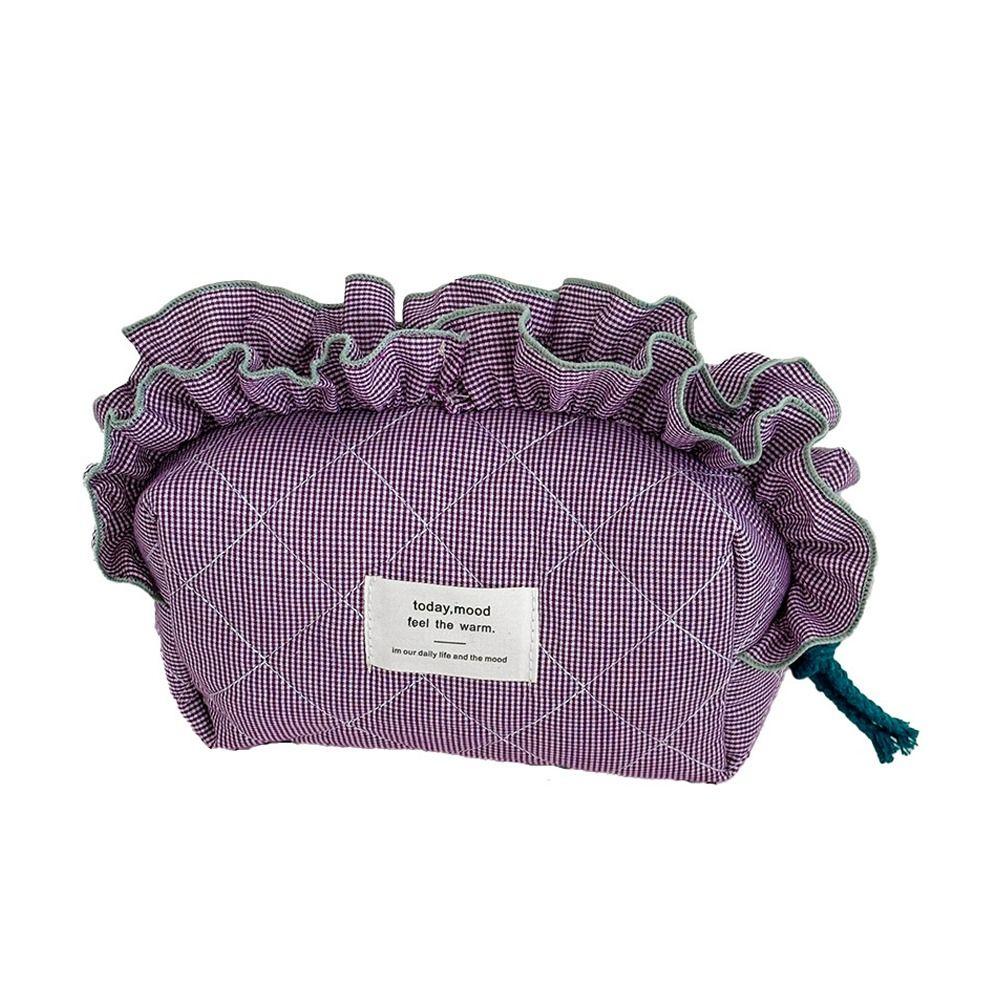 Portable Vintage Gingham Cosmetic Makeup Bag Organizer Large Capacity Cosmetic Pouch Ruffled Edges Sweet Lace Clutch Daily Use