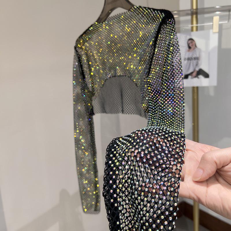 Sparkling Mesh Diamond Sun Protection Long Sleeve Party Top