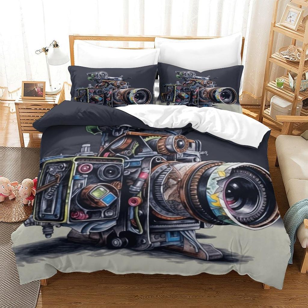 Camera Duvet Cover Set for Kids Teens Queen Lightweight Down Quilt Covers Bedroom Decor 2 Pillowcases 1 Duvet Cover No Comforter