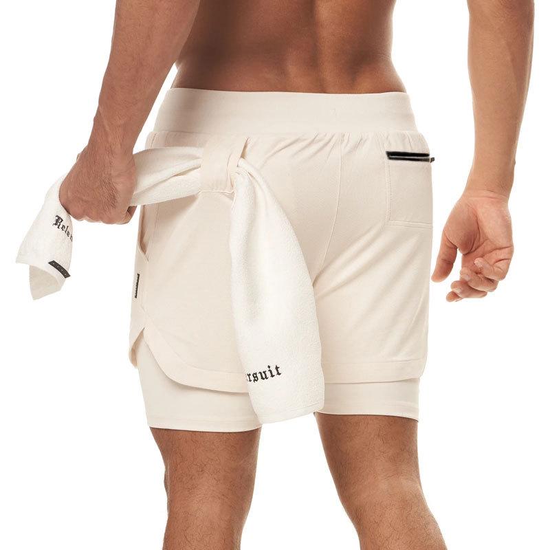Men's Double Layer Color Block Sports Shorts with Hang Towel - Breathable, Solid Color Fitness Running Shorts.