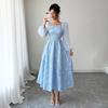 New Ruffles Lace Dress Blue Chiffon High Waist Square Neck Dress for Women