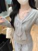 La Chapelle Women's Long-Sleeve Striped V-Neck Bow-Tie T-Shirt