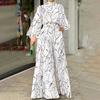 Women's Temperament Elegant Waist Drawstring Long Sleeve Hanging Neck Trousers Printed Jumpsuit