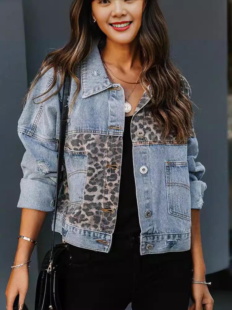 Women's Leopard Print Long Sleeve Denim Jacket - European and American Style for Autumn and Winter.