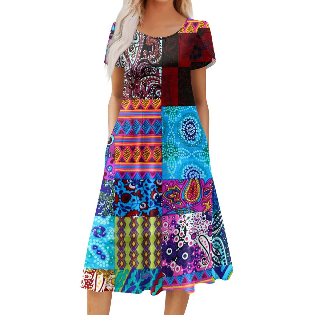 Women’s Casual Round Neck Printed Short Sleeve Dress with Pockets Relaxed Fit Lightweight Midi Length Suitable for Daily Wear
