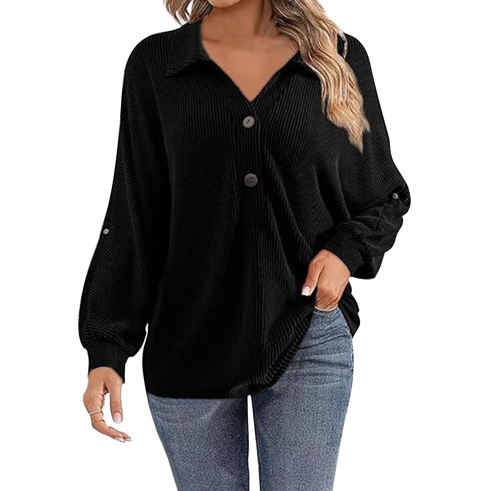 

Женская модная рубашка с V-образным вырезом и застежкой на пуговицы, с длинным рукавом, однотонная S чёрный