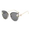 Diamond-inlaid cat eye retro sunglasses large frame sunglasses women's metal temple hollow sunglasses